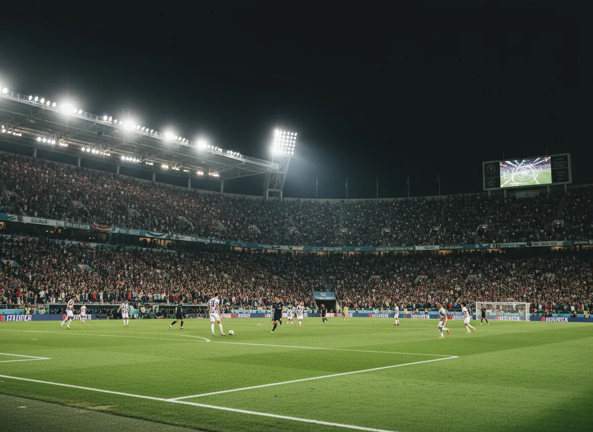 Flutlichtspiel in einem englischen Fußballstadion mit vollbesetzten Zuschauerrängen.