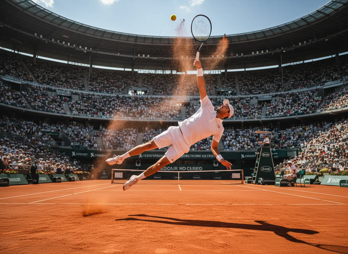 Tennisspielerin beim kraftvollen Aufschlag auf einem Sandplatz