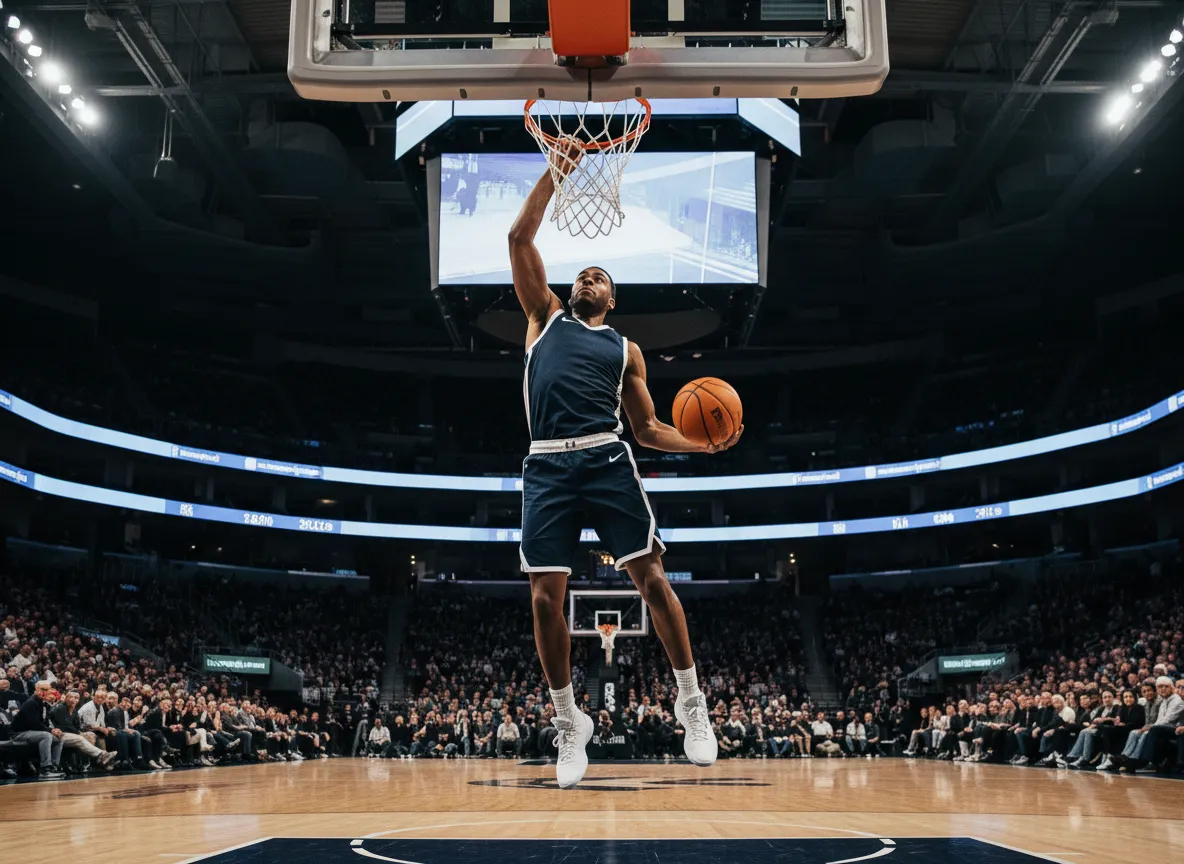 Basketballspieler beim Wurfversuch in einer überdachten Sportarena
