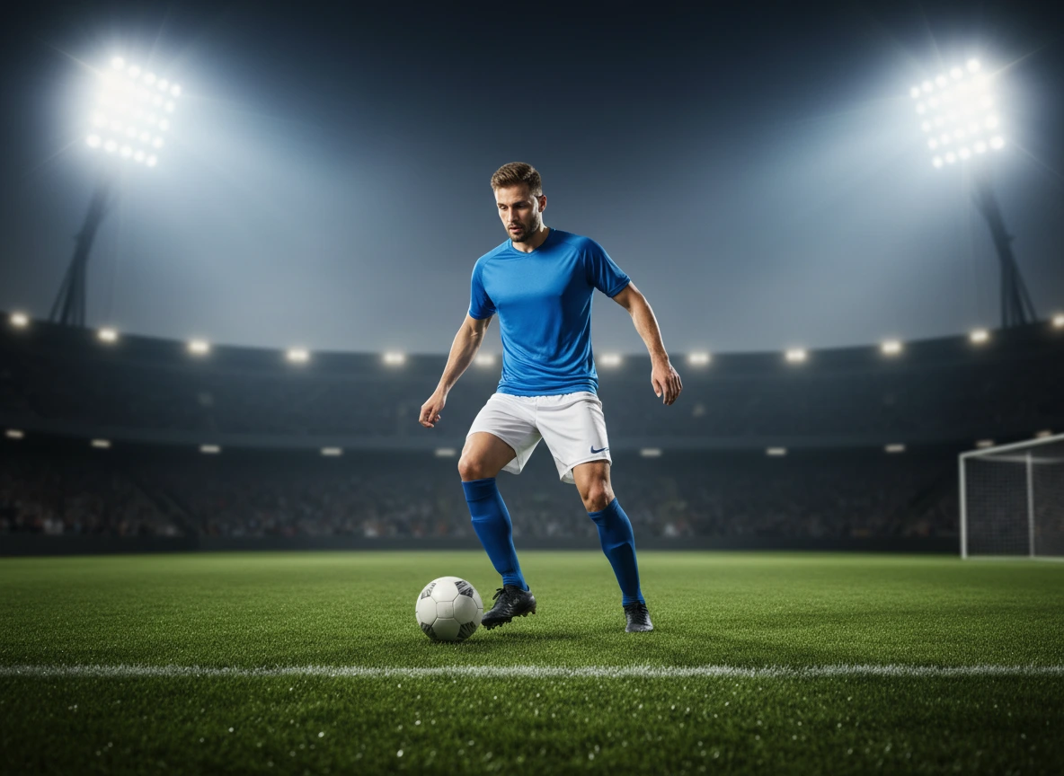 Fußballspieler im Stadion während eines Ligaspiels mit Ballbesitz