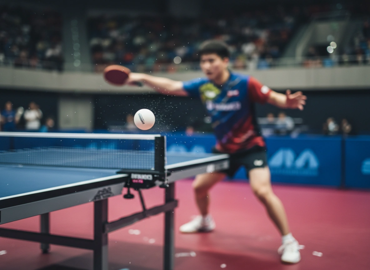Zwei Tischtennisspieler in einem schnellen Ballwechsel während eines Czech Liga Pro Matches.
