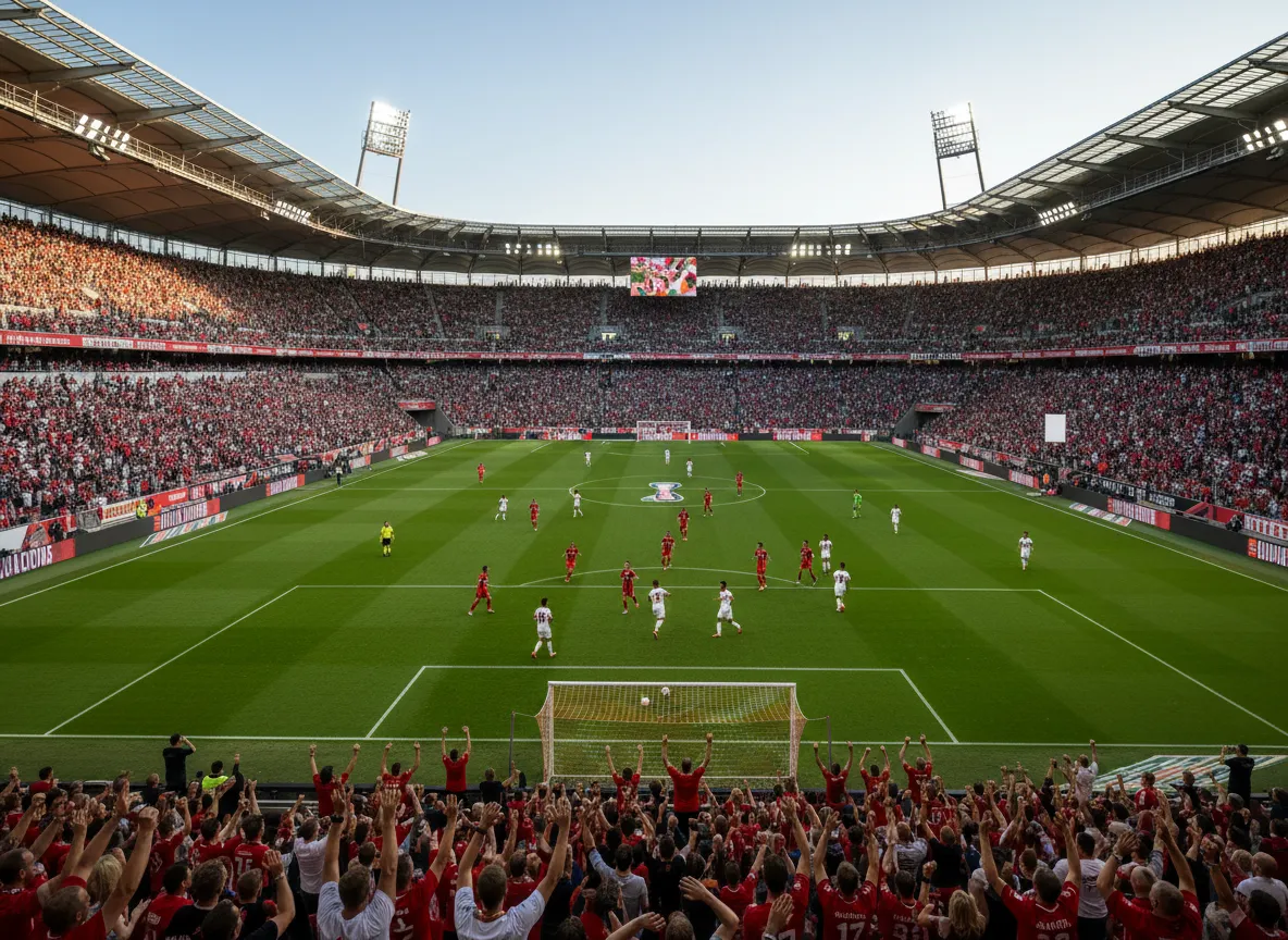Tageslichtaufnahme der BayArena vor dem Anpfiff einer Ligapartie.
