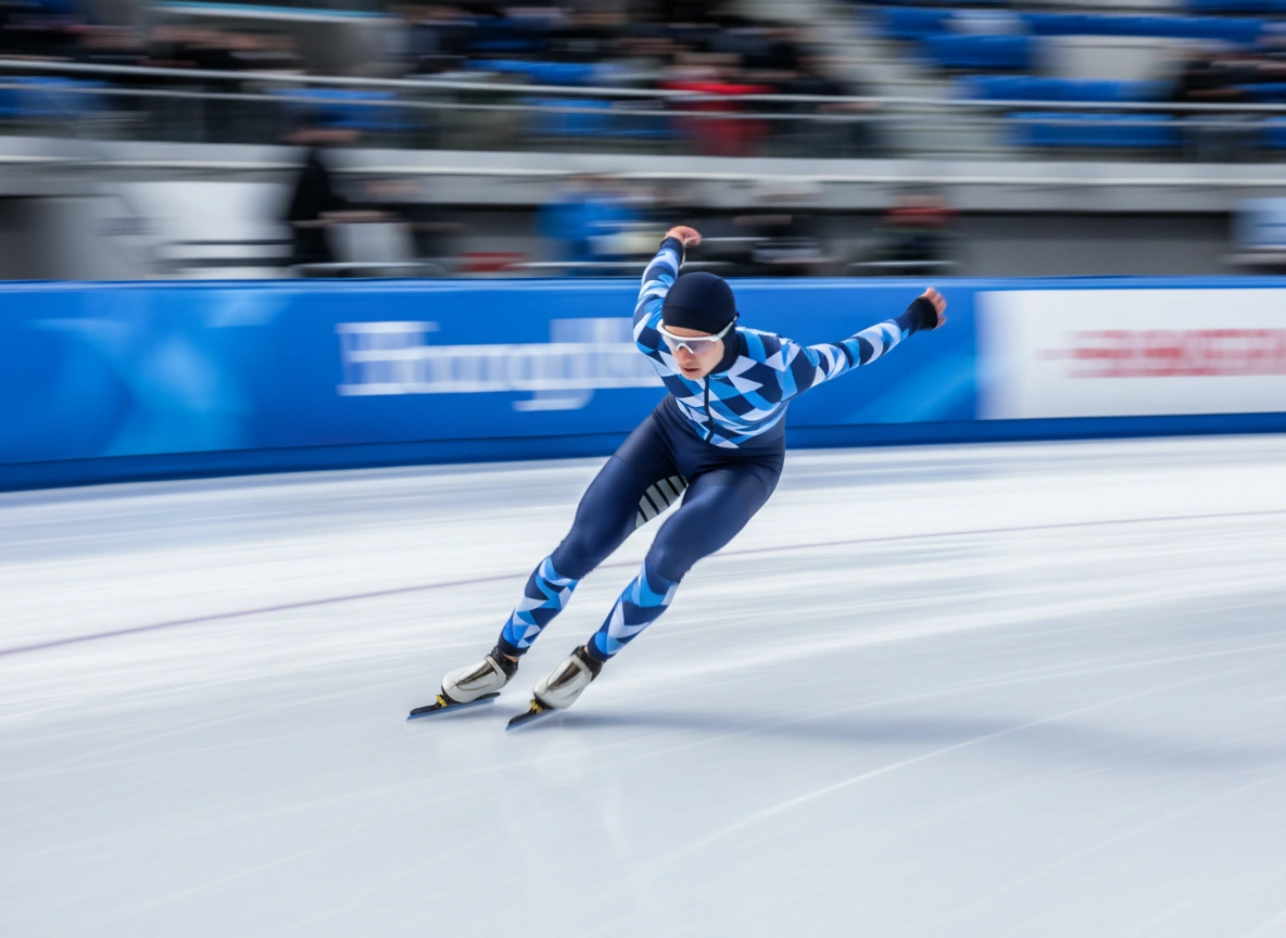 Eisschnellläufer in dynamischer Schräglage in einer Kurve