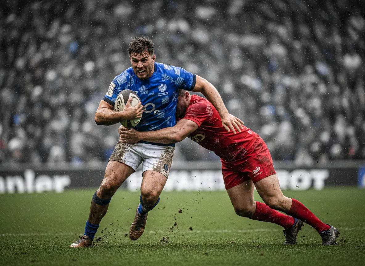 Spieler eines Rugby-Teams im Gedränge auf dem Spielfeld