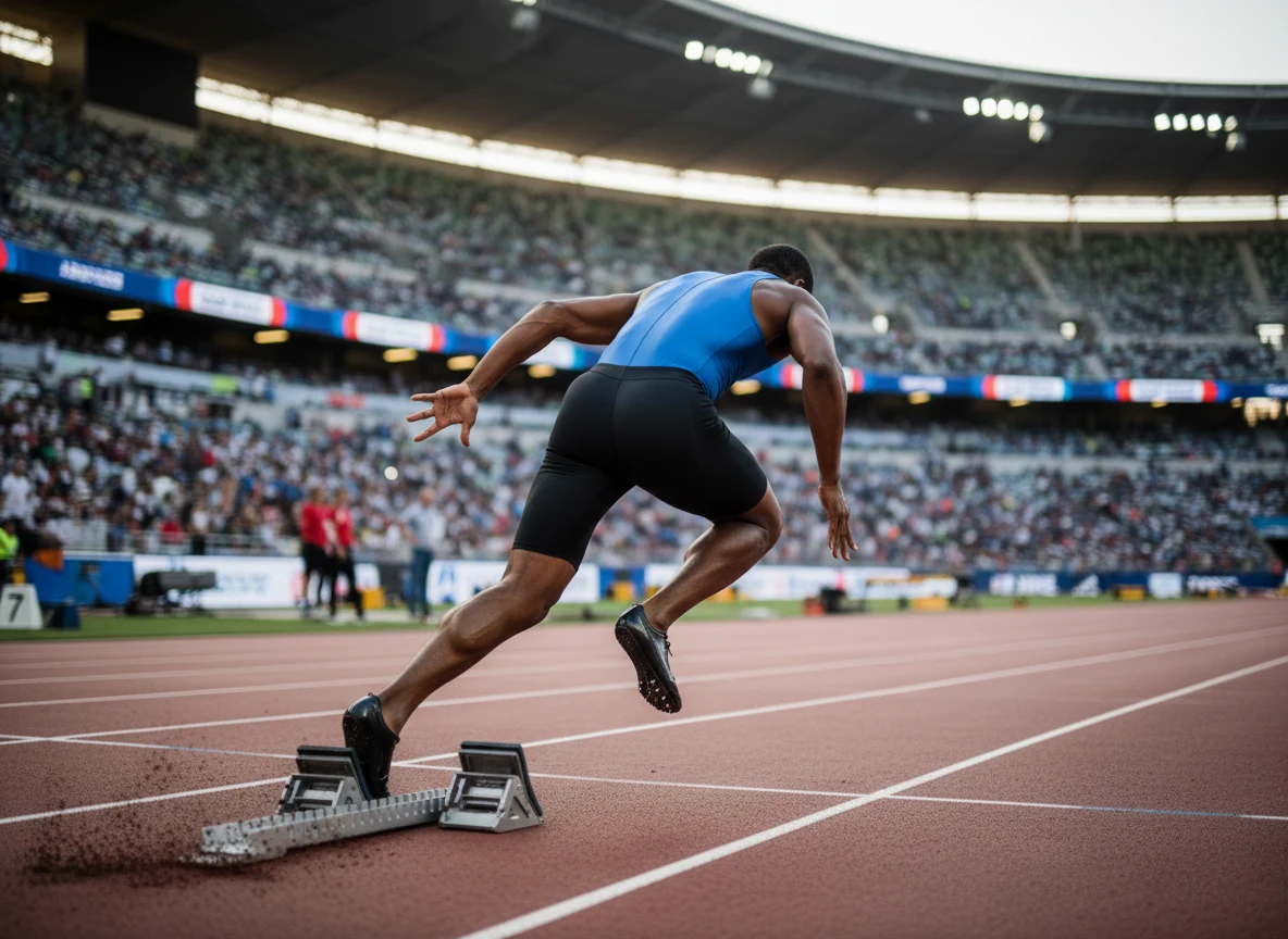 Sprinter beim Start auf einer Leichtathletik-Tartanbahn